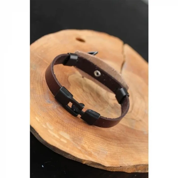 Karce CLZ741 -  Siyah Deniz Çapalı Çelik Aksesuarlı Kahverengi Deri Erkek Bileklik