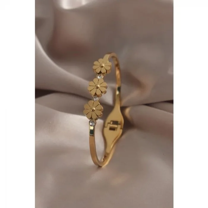 Colezium CLZ741 -  316L Çelik Gold Renk Papatya Figür Zirkon Taşlı Kadın Kelepçe