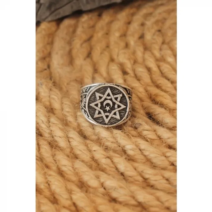 Karce Antik Gümüş Renk Yıldız Içi Ay Yıldız Ayarlanabilir Erkek Yüzük