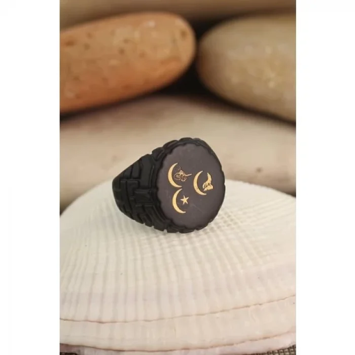 Karce 3 Hilal Figürlü Siyah Renk Metal Ayarlamalı Erkek Yüzük