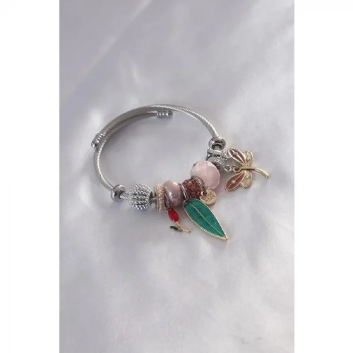 Colezium CLZ943  Çelik Charm Model Kelebek Figür Yaprak Detay Pembe Renk Kadın Bileklik