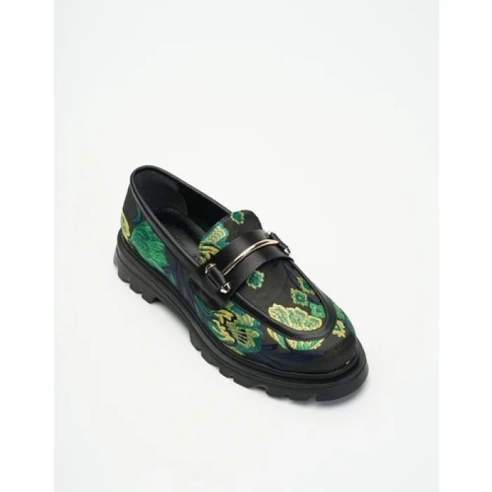 Jedi Kauçuk Tabanlı Etnik Desenli Kadın Oxford Ayakkabı - Yeşil