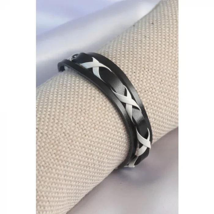 Karce CLZ741 -  Siyah Beyaz Deri Ipli Erkek Bileklik