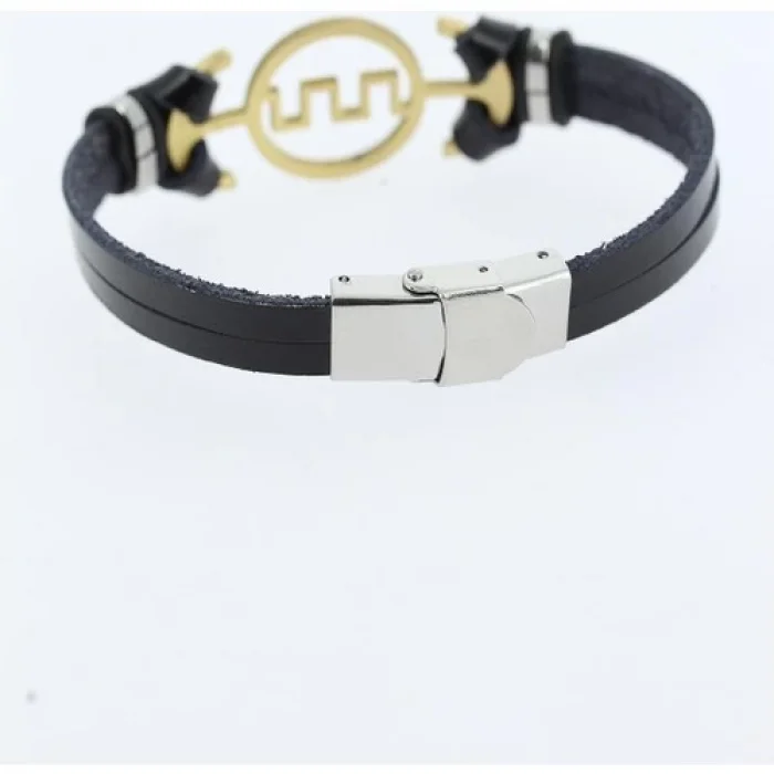 Karce CLZ741 -  Gold Renk Labirent Figürlü Metal Aksesuarlı Siyah Renk Deri Erkek Bileklik