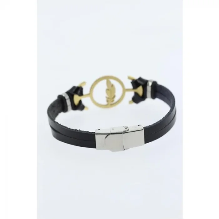 Karce CLZ741 -  Gold Renk Tüy Figürlü Metal Aksesuarlı Siyah Renk Deri Erkek Bileklik