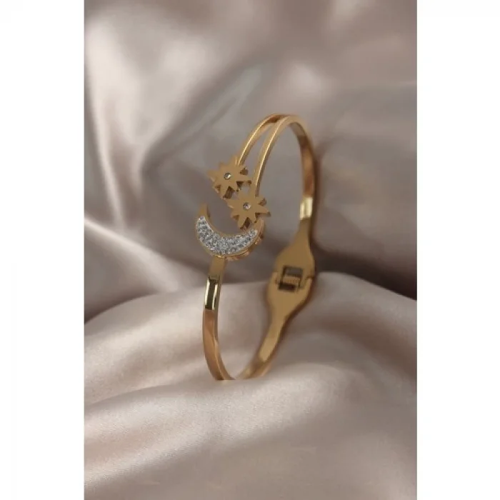 Colezium CLZ943  316L Çelik Gold Renk Ay Yıldız Figür Zirkon Taşlı Kadın Kelepçe