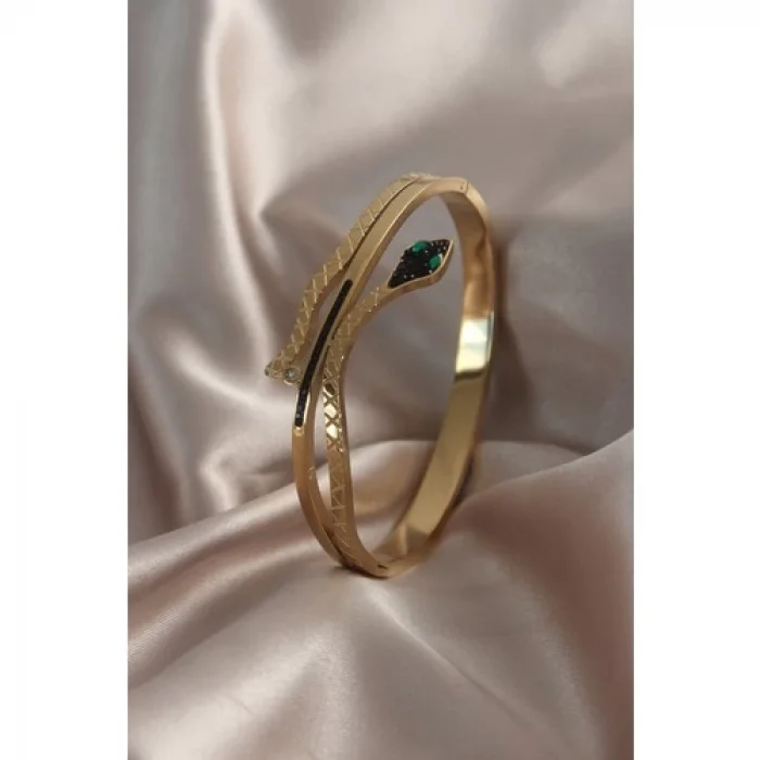 Colezium CLZ741 -  316L Çelik Gold Renk Yılan Model Zirkon Taşlı Kadın Kelepçe