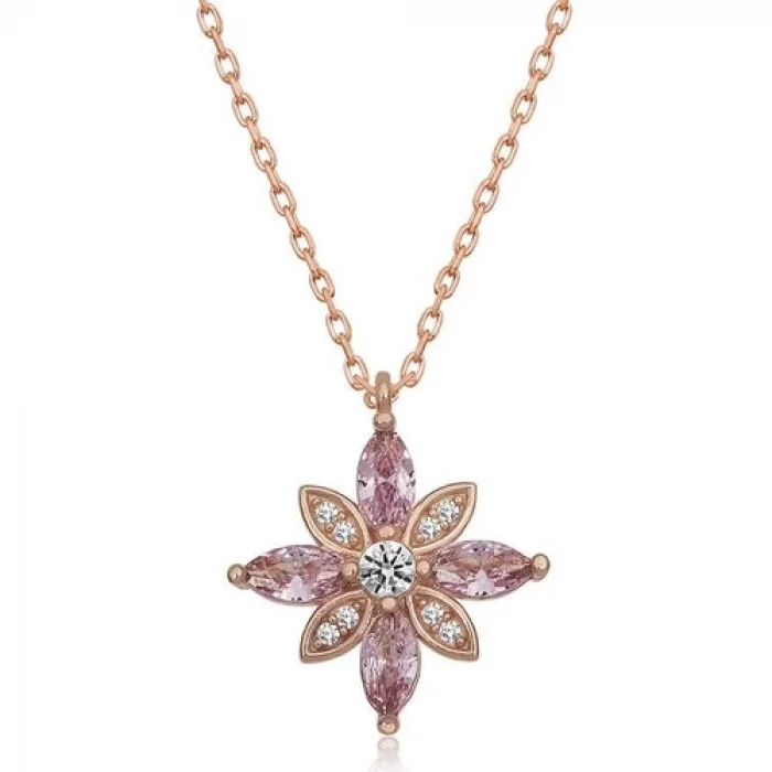 Gumush Gümüş Pembe Taşlı Umut Çiçeği Kolye