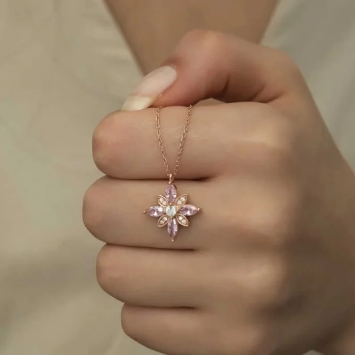 Gumush Gümüş Pembe Taşlı Umut Çiçeği Kolye