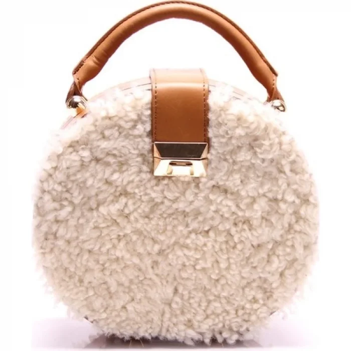 Rrm Kadın Beyaz Kürk Taba Deri Özel Tasarim Uzun Ayarlanabilir Askili Çanta