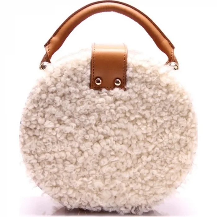 Rrm Kadın Beyaz Kürk Taba Deri Özel Tasarim Uzun Ayarlanabilir Askili Çanta