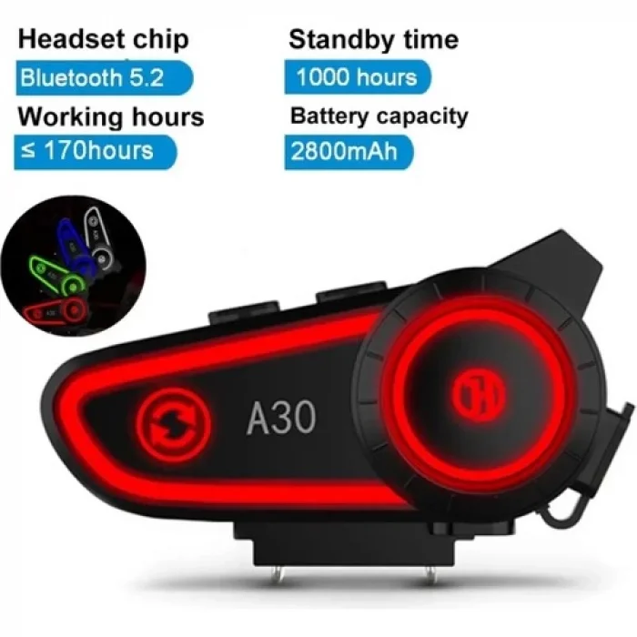 A30 Motosiklet Kask Kulaklık Intercom Işıklı 2 Eşleşme Özellikli