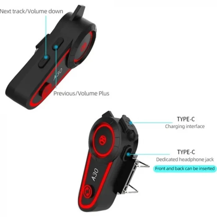 A30 Motosiklet Kask Kulaklık Intercom Işıklı 2 Eşleşme Özellikli
