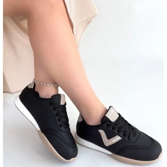 Jowen Siyah Cilt Bej Detaylı Bağcıklı Spor Ayakkabı