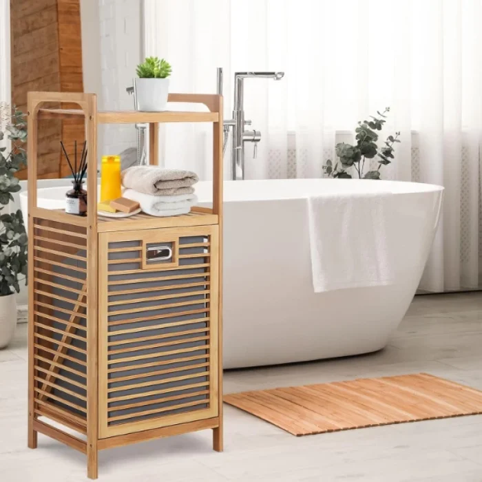 2 Organizer Raflı Ahşap Bambu Çek-Aç Kirli Sepeti