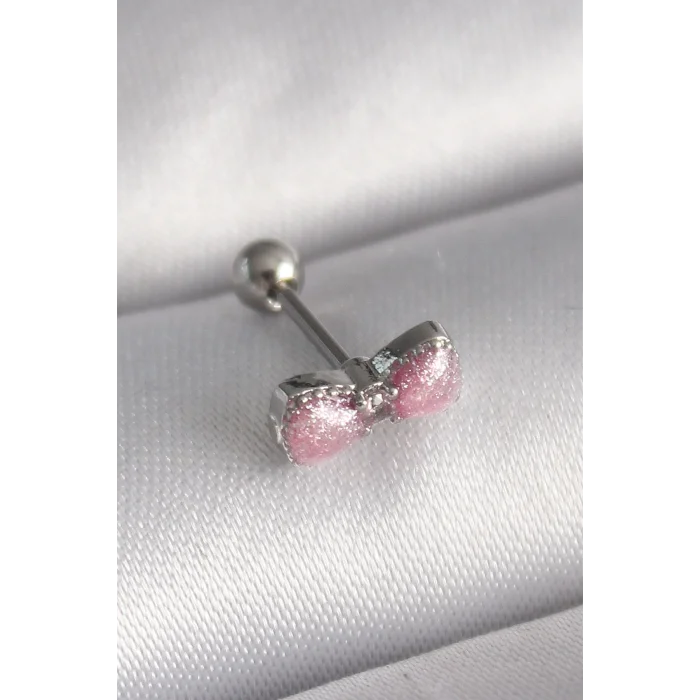 316L Çelik Gümüş Renk Pembe Kurdele Zirkon Taş Detay Tragus Piercing - TJ-PR1295