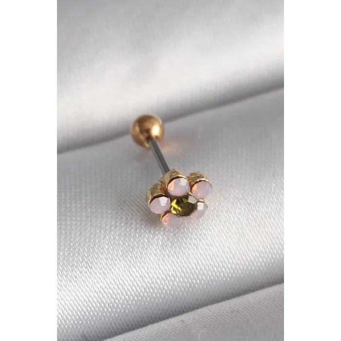 316L Çelik Gold Renk Zirkon Taşlı Çiçek Tragus Piercing - TJ-PR1276