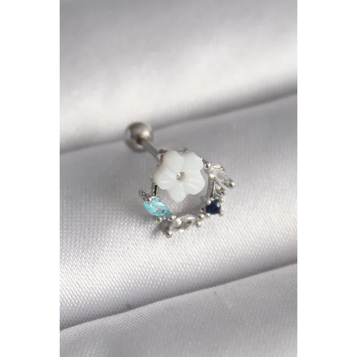 316L Çelik Gümüş Renk Zirkon Taş Detay Beyaz Çiçek Model Tragus Piercing - TJ-PR1359