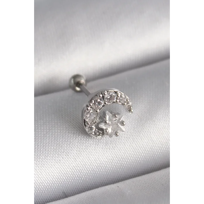 316L Çelik Gümüş Renk Zirkon Taşlı Ay Yıldız Tragus Piercing - TJ-PR1257