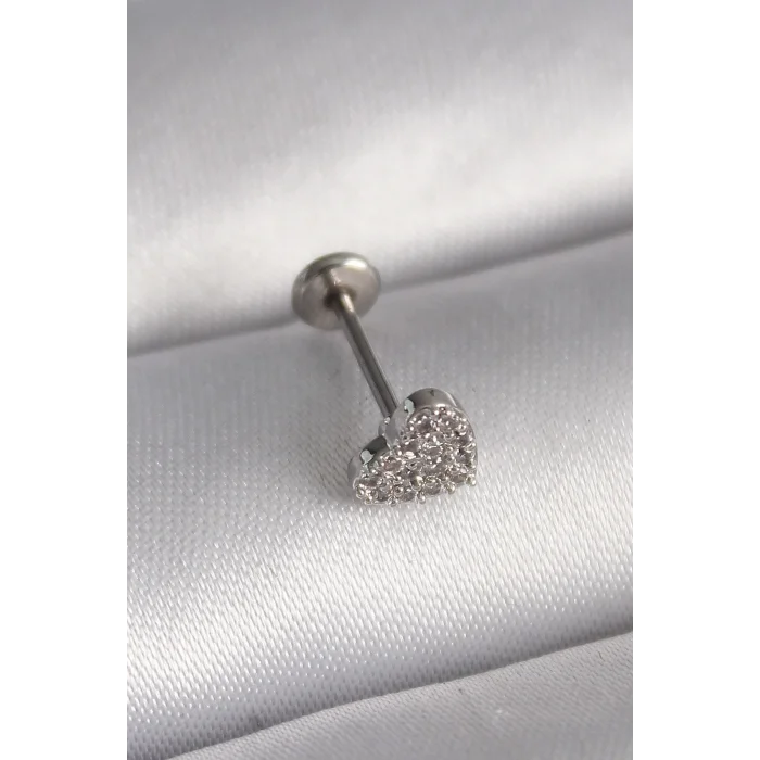 316L Çelik Gümüş Renk Zirkon Taşlı Kalp Model Tragus Piercing - TJ-PR1347
