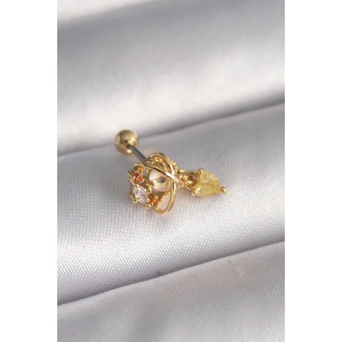 316L Çelik Gold Renk Zirkon Taşlı Sallantı Kalp Detay Tragus Piercing - TJ-PR1360
