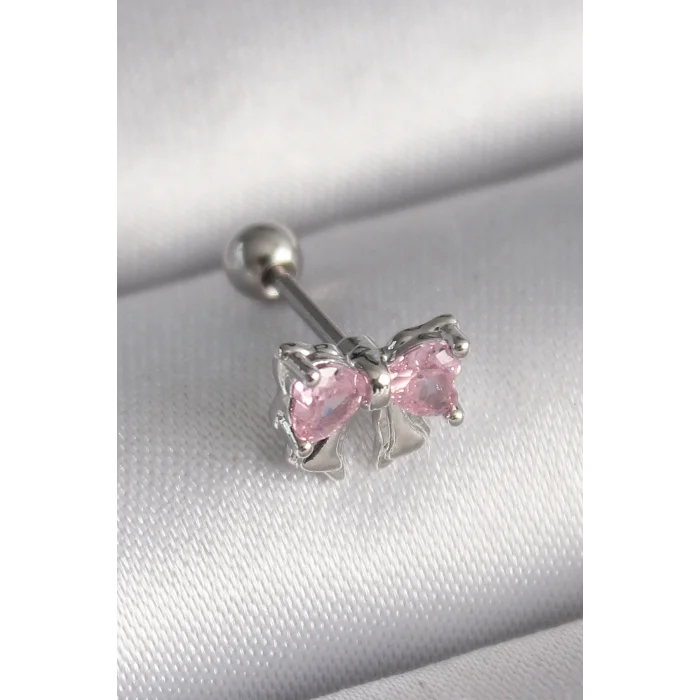 316L Çelik Gümüş Renk Pembe Zirkon Taşlı Fiyonk Tragus Piercing - TJ-PR1251