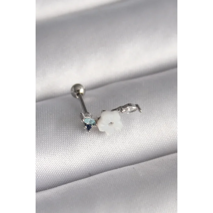 316L Çelik Gümüş Renk Zirkon Taş Detay Beyaz Çiçek Model Tragus Piercing - TJ-PR1357