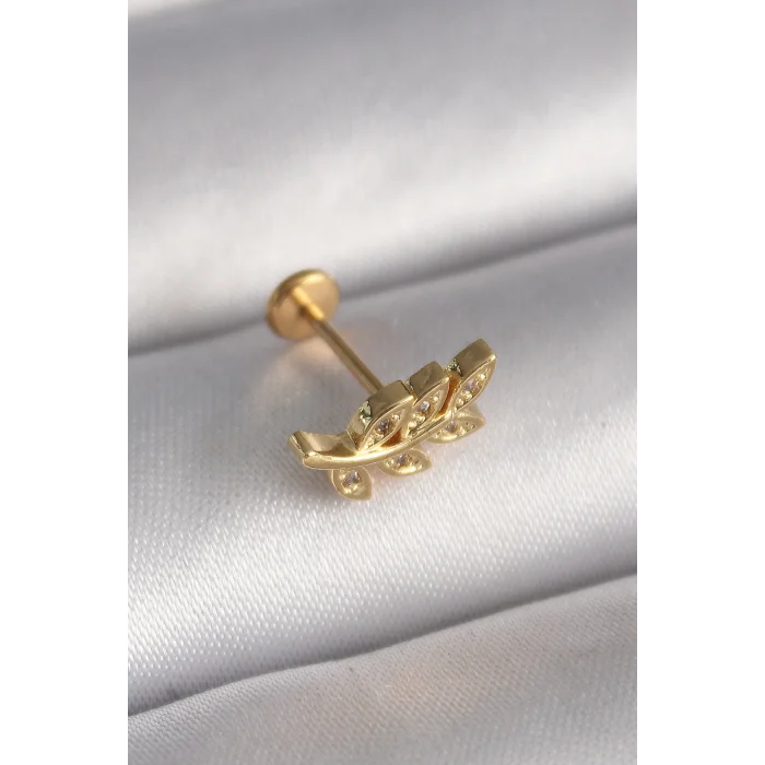 316L Çelik Gold Renk Zirkon Taş Detaylı Yaprak Model Tragus Piercing - TJ-PR1342