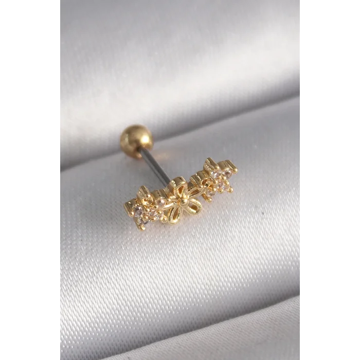 316L Çelik Gold Renk Zirkon Taşlı Çiçek Tragus Piercing - TJ-PR1246