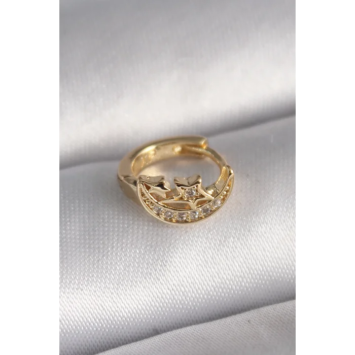 316L Çelik Gold Renk Zirkon Taşlı Ay Yıldız Model Tragus Piercing - TJ-PR1322