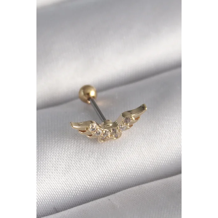 316L Çelik Gold Renk Zirkon Taş Detay Kanat Model Tragus Piercing - TJ-PR1290