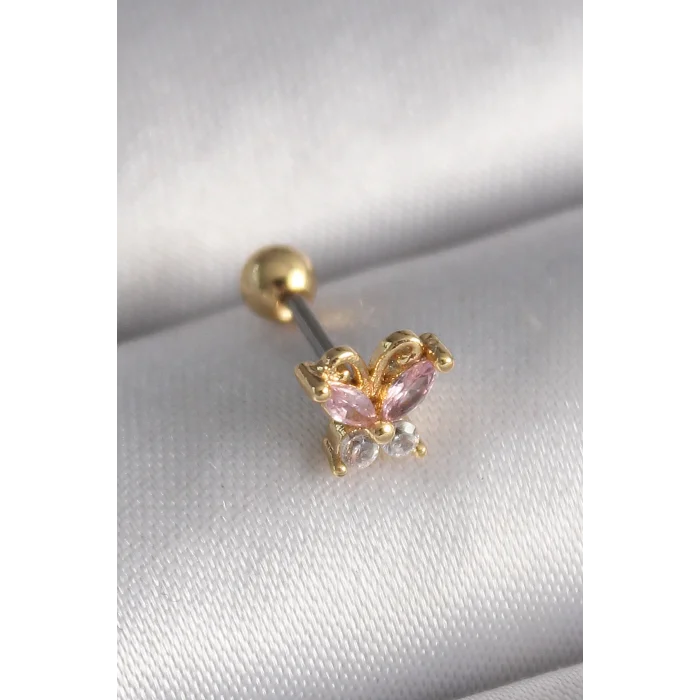 316L Çelik Gold Renk Pembe Zirkon Taşlı Kelebek Tragus Piercing - TJ-PR1240
