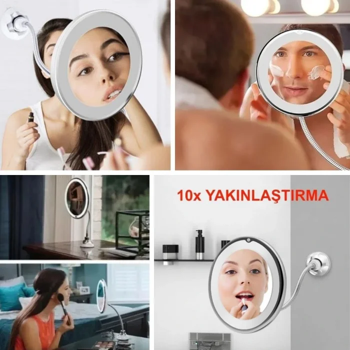 BUFFER® 360° Döner Esnek Makyaj Aynası – 10X Büyüteçli, Güçlü Vantuzlu Detay Görüntüleme Çok Açılı Makyaj & Cilt Bakım Aynası