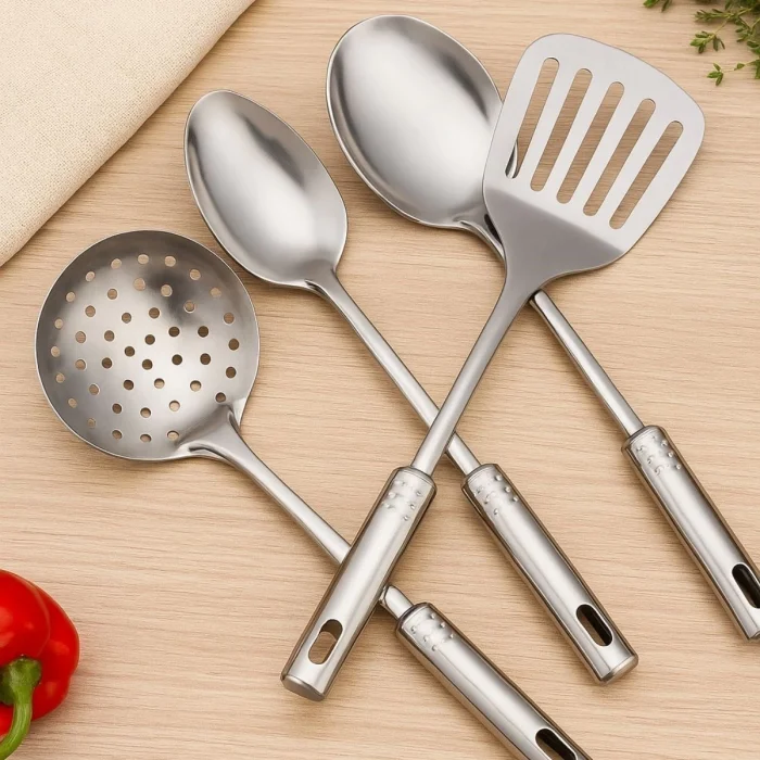 BUFFER® 4lü Çelik Kepçe,Süzgeç,Servis Kaşığı,Spatula Mutfak Yemek Hazırlama Servis Seti