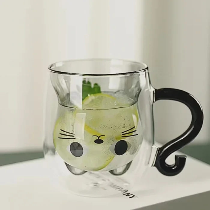 Kedi Figürlü Çift Cidarlı Cam Bardak