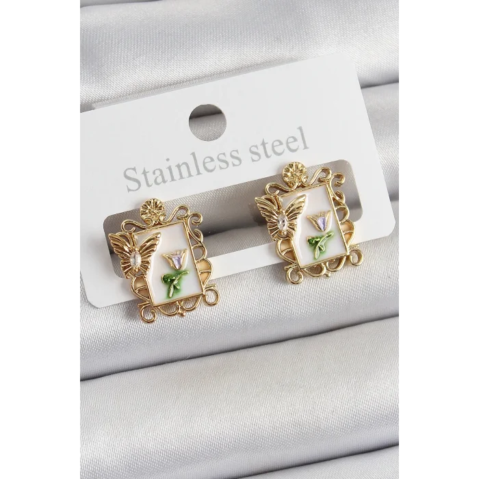 Pirinç Beyaz Mineli Sanatsal Portre Model Gold Renk Kadın Küpe