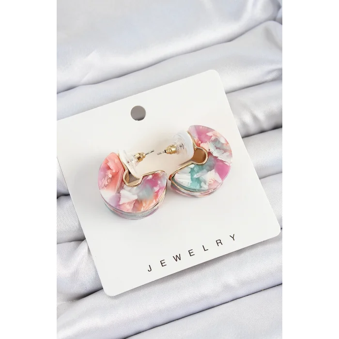 Pirinç Mermer Desenli Vintage Yarım Halka Model Gold Renk Kadın Küpe