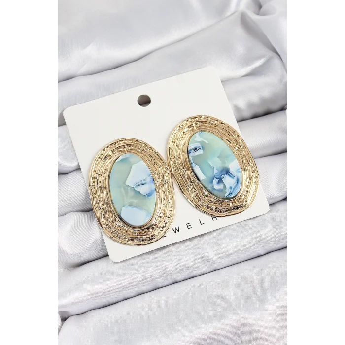 Pirinç Mermer Desenlli Mavi Sedef Oval Vintage Model Gold Renk Kadın Küpe