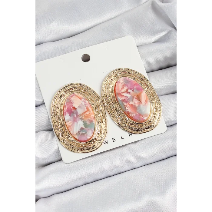 Pirinç Mermer Desenlli Pembe Sedef Oval Vintage Model Gold Renk Kadın Küpe