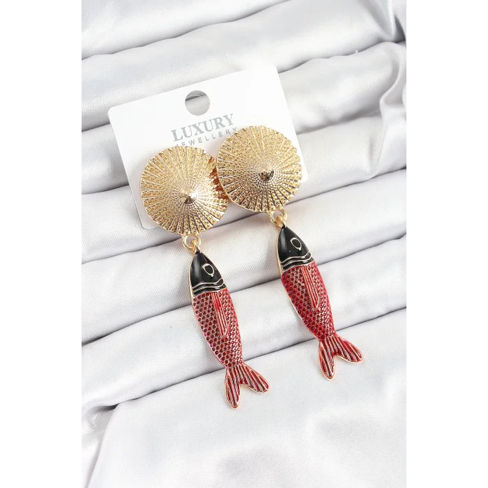 Pirinç Sallantılı Zirkon Taşlı Kırmızı Siyah Balık Model Gold Renk Kadın Küpe