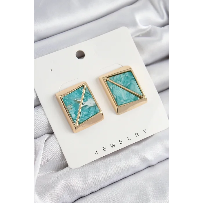 Pirinç Turkuaz Üçgen Kesim Detaylı Kare Model Vintage Gold Renk Kadın Küpe