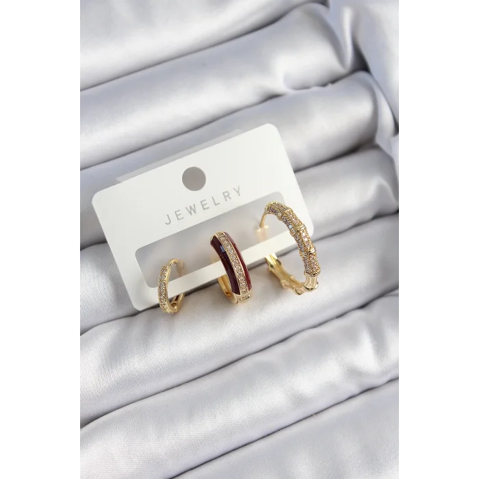 Pirinç Zirkon Taşlı Bordo Halka Model Gold Renk 3lü Çift Kadın Küpe Set
