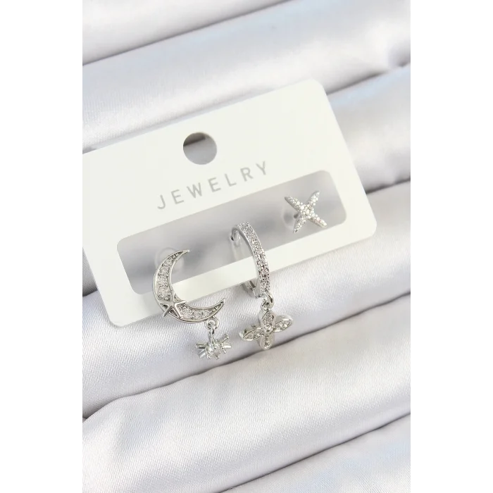 Pirinç Zirkon Taşlı Çiçek Ve Ay Model Gümüş Renk 3lü Çift Kadın Küpe Set