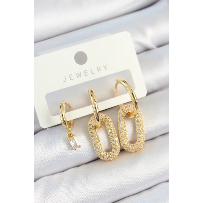 Pirinç Zirkon Taşlı Dikdörtgen Model Gold Renk 3lü Çift Kadın Küpe Set