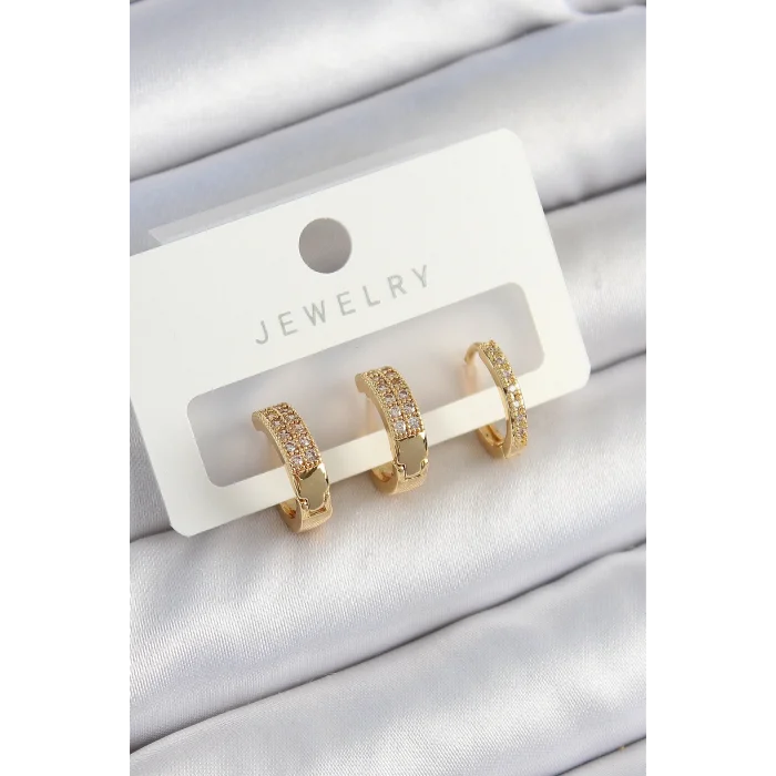 Pirinç Zirkon Taşlı Halka Model Gold Renk 3lü Çift Kadın Küpe Set