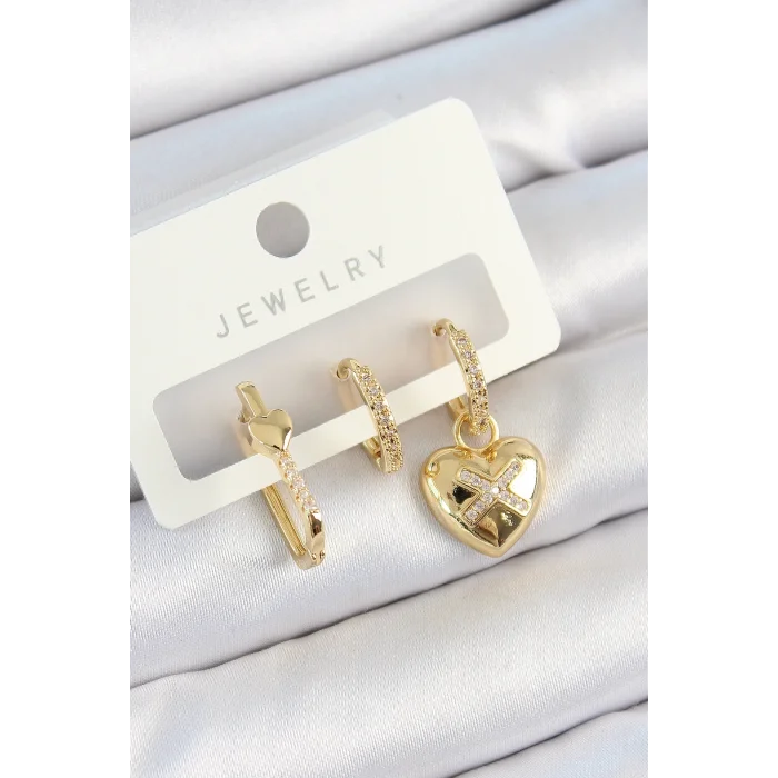 Pirinç Zirkon Taşlı Kalp Model Gold Renk 3lü Çift Kadın Küpe Set