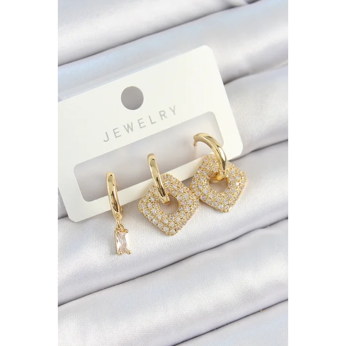 Pirinç Zirkon Taşlı Kare Model Gold Renk 3lü Çift Kadın Küpe Set