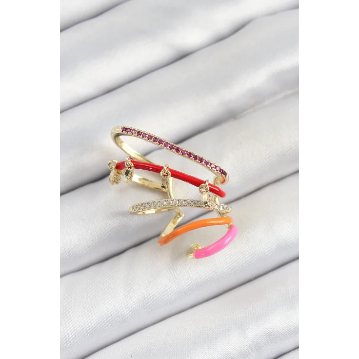 Pirinç Zirkon Taşlı Kırmızı Turuncu Pembe Sıkıştırma Sağ Kıkırdak Gold Renk Kadın Küpe
