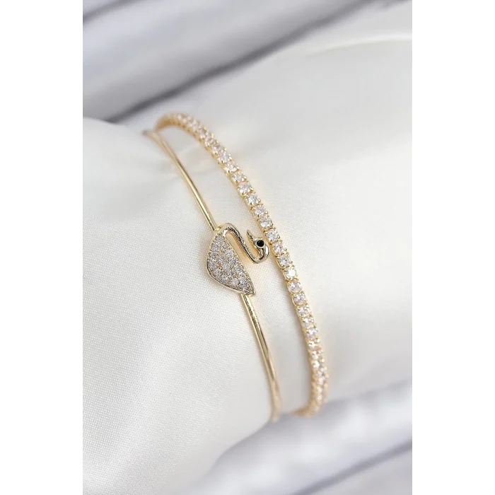 Pirinç Zirkon Taşlı Kuğu Model Gold Renk Kadın Bileklik