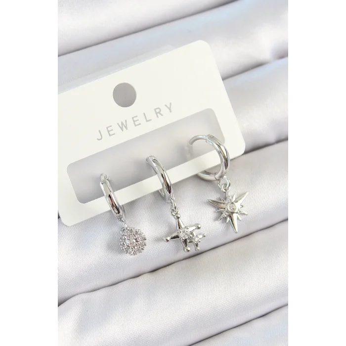 Pirinç Zirkon Taşlı Kutup Yıldızı Model Gümüş Renk 3lü Çift Kadın Küpe Set